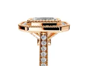 Halo Engagement Ring Setting for Emerald Cut Center with Milgrain Frame, Pave Band and Prong Head in Rose Gold