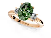 3 Stone Engagement Ring Setting for Fancy Green Oval Center with Wide Plain Band and Prong Head in Rose Gold