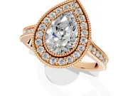 Halo Engagement Ring Setting for Pear-Shaped Center with Milgrain Pave Band and Bezel Head in Rose Gold