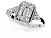 Cluster Engagement Ring Setting for Emerald Cut Center with Milgrain Shoulder Clusters and Prong Head in Sterling Silver