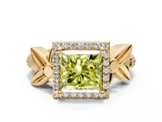 Halo Engagement Ring Setting for Fancy Yellow Princess Cut Center with Floral Band and Prong Head in Yellow Gold