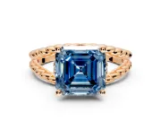 Halo Engagement Ring Setting for Fancy Blue Asscher Cut Center with Rope Twist Split Shank and Prong Head in Rose Gold