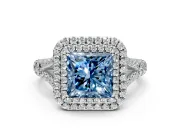 Double Halo Engagement Ring Setting for Fancy Blue Princess Cut Center with Narrow Pave Split Shank and Prong Head in Platinum