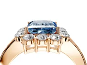 Halo Engagement Ring Setting for Fancy Blue Princess Cut Center with Milgrain Channel Band and Prong Head in Rose Gold