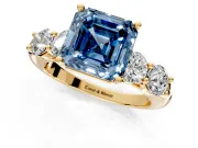 5 Stone Engagement Ring Setting for Fancy Blue Asscher Cut Center with Graduated Accents and Prong Head in Yellow Gold