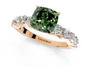 Shared-Prong Engagement Ring Setting for Fancy Green Cushion Cut Center with Graduated Accents and Prong Head in Rose Gold