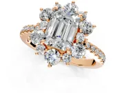 Floral Halo Engagement Ring Setting for Emerald Cut Center with Pave Accents and Prong Head in Rose Gold