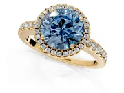 Accent Halo Engagement Ring Setting for Fancy Blue Round Cut Center with Full-Length Pave Band and Prong Head in Yellow Gold