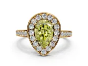 Bezel-Framed Halo Engagement Ring Setting for Fancy Yellow Pear-Shaped Center with Pave Band and Prong Head in Yellow Gold