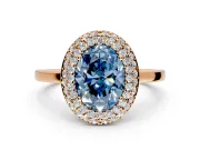 Halo Engagement Ring Setting for Fancy Blue Oval Center with Plain Tapered Band and Prong Head in Rose Gold