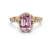 Halo Engagement Ring Setting for Fancy Pink Emerald Cut Center with Openwork Halo, Pave Band and Prong Head in Yellow Gold