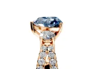3 Stone Engagement Ring Setting for Fancy Blue Heart-Shaped Center with Pave Split Shank and Prong Head in Rose Gold