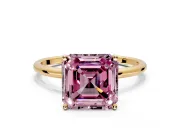 Solitaire Engagement Ring Setting for Fancy Pink Asscher Cut Center with Straight Thin Band and Prong Head in Yellow Gold