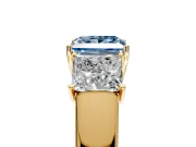 3 Stone Engagement Ring Setting for Fancy Blue Princess Cut Center with Raised Basket Heads and Prong Head in Yellow Gold