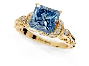 Solitaire Engagement Ring Setting for Fancy Blue Princess Cut Center with Filigree Band and Prong Head in Yellow Gold
