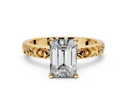 Solitaire Engagement Ring Setting for Emerald Cut Center with XO Engraved Band and Prong Head in Yellow Gold