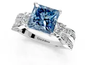 3 Stone Engagement Ring Setting for Fancy Blue Princess Cut Center with Pave Twist Band and Prong Head in Sterling Silver