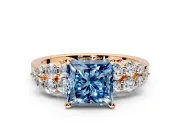 Cluster Engagement Ring Setting for Fancy Blue Princess Cut Center with 2-Row Shoulder Clusters and Prong Head in Rose Gold