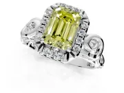 Halo Engagement Ring Setting for Fancy Yellow Emerald Cut Center with Open Scroll Shoulders and Prong Head in Sterling Silver