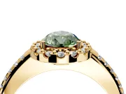 Pave Halo Engagement Ring Setting for Fancy Green Pear-Shaped Center with Single Row Pave Band and Prong Head in Yellow Gold