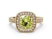 Halo Engagement Ring Setting for Fancy Yellow Cushion Cut Center with Milgrain Halo, Pave Band and Prong Head in Yellow Gold