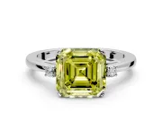 3 Stone Engagement Ring Setting for Fancy Yellow Asscher Cut Center with Low-Set Round Cut Accents and Prong Head in White Gold