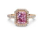 Halo Engagement Ring Setting for Fancy Pink Radiant Cut Center with Inner Milgrain Border and Prong Head in Rose Gold