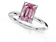 Hidden Halo Engagement Ring Setting for Fancy Pink Emerald Cut Center with Thin Rounded Band and Prong Head in White Gold