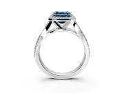 Halo Engagement Ring Setting for Fancy Blue Asscher Cut Center with Narrow Pave Split Shank and Prong Head in Platinum