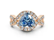 Halo Engagement Ring Setting for Fancy Blue Heart-Shaped Center with Pave Infinity Twist Band and Prong Head in Rose Gold