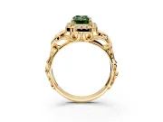 Halo Engagement Ring Setting for Fancy Green Emerald Cut Center with Open Scroll Shoulders and Prong Head in Yellow Gold