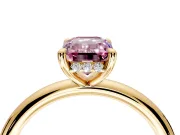 Hidden Halo Engagement Ring Setting for Fancy Pink Emerald Cut Center with Thin Rounded Band and Prong Head in Yellow Gold