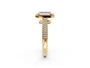 Milgrain Halo Engagement Ring Setting for Fancy Pink Asscher Cut Center with Three-Sided Pave Band and Prong Head in Yellow Gold