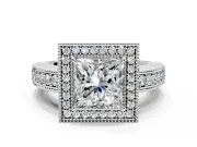 Milgrain Halo Engagement Ring Setting for Princess Cut Center with Pave Band and Prong Head in Platinum