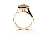 Halo Engagement Ring Setting for Radiant Cut Center with Milgrain Frame, Pave Band and Prong Head in Rose Gold