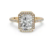 Halo Engagement Ring Setting for Radiant Cut Center with Pave Accents, Heart Basket and Prong Head in Yellow Gold