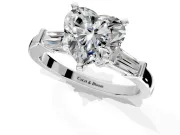 3 Stone Engagement Ring Setting for Heart-Shaped Center with Channel Baguette Accents and Prong Head in Sterling Silver