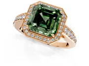 Bezel-Framed Halo Engagement Ring Setting for Fancy Green Asscher Cut Center with Pave Band and Prong Head in Rose Gold