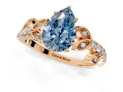 Leaf Motif Engagement Ring Setting for Fancy Blue Pear-Shaped Center with Pave Band and Prong Head in Rose Gold