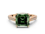 Cathedral Engagement Ring Setting for Fancy Green Asscher Cut Center with Antique-Style Pave Band and Prong Head in Rose Gold