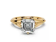Solitaire Engagement Ring Setting for Asscher Cut Center with Milgrain Cathedral Band and Prong Head in Yellow Gold
