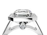 Halo Engagement Ring Setting for Asscher Cut Center with Outer Bezel Rim, Pave Band and Prong Head in Sterling Silver