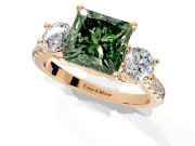 3 Stone Engagement Ring Setting for Fancy Green Princess Cut Center with Crossover Basket, Pave Band and Prong Head in Rose Gold