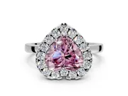 Halo Engagement Ring Setting for Fancy Pink Heart-Shaped Center with Thin Plain Band and Prong Head in Platinum
