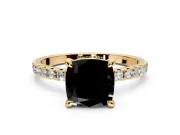 Solitaire Engagement Ring Setting for Fancy Black Cushion Cut Center with Fine Pave Narrow Band and Prong Head in Yellow Gold