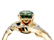 Solitaire Engagement Ring Setting for Fancy Green Emerald Cut Center with Pave Bypass Twist Band and Prong Head in Yellow Gold