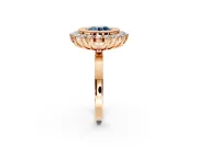 Halo Engagement Ring Setting for Fancy Blue Round Cut Center with Milgrain Bezel Rim, Plain Band and Prong Head in Rose Gold