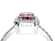 Halo Engagement Ring Setting for Fancy Pink Emerald Cut Center with Inner Milgrain Border and Prong Head in Sterling Silver