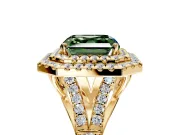 Double Halo Engagement Ring Setting for Fancy Green Asscher Cut Center with Narrow Pave Split Shank and Prong Head in Yellow Gold