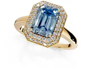 Halo Engagement Ring Setting for Fancy Blue Emerald Cut Center with Plain Tapered Band and Prong Head in Yellow Gold